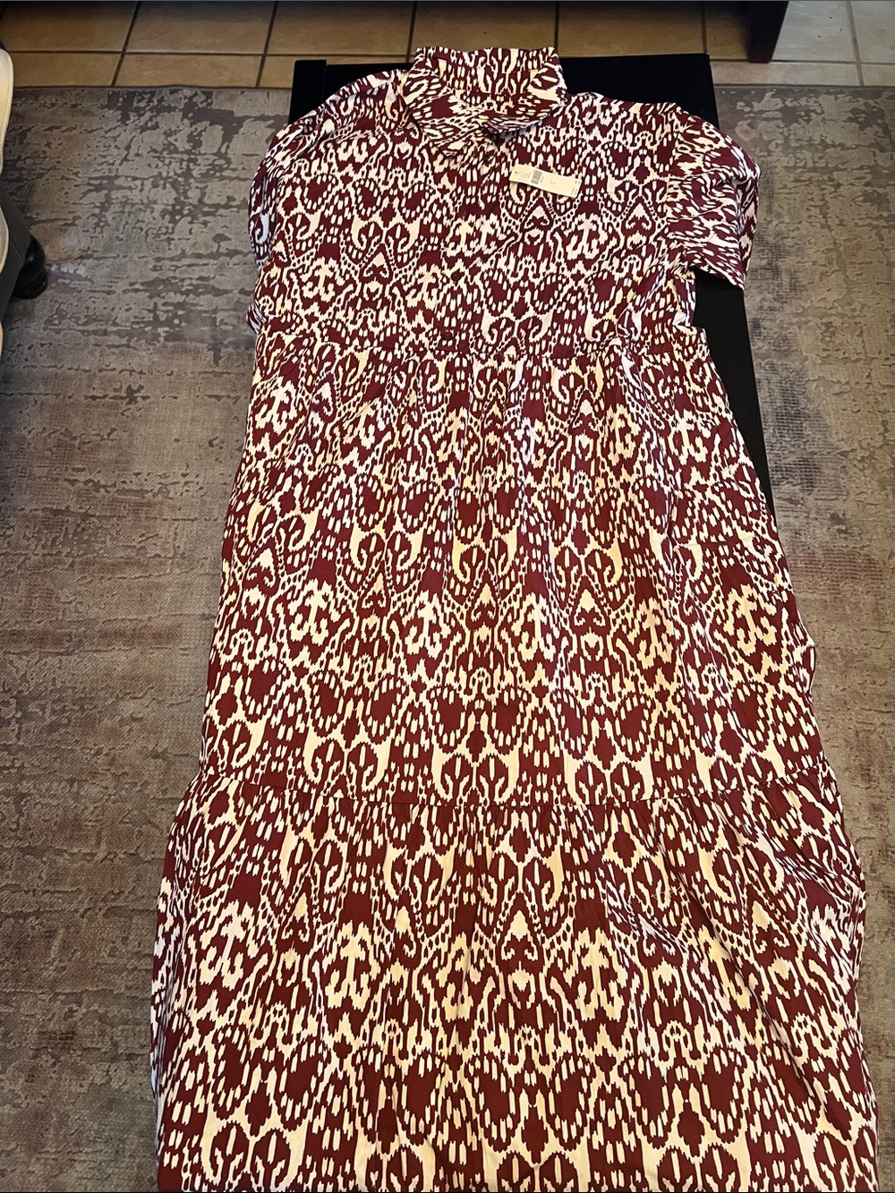 Anthropologie Burgundy and White Maxi Dress with Ikat Print